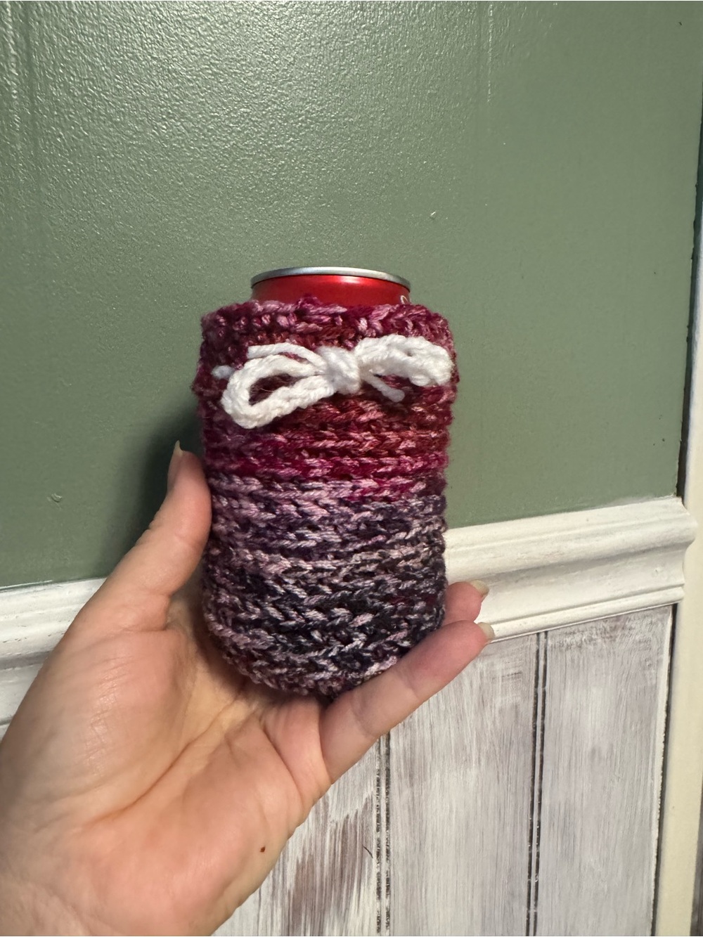 Hand Crafted Multicolor Pink Purple Crochet Can Cozy with White Bow